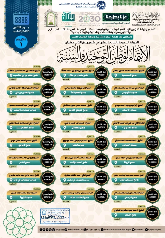 الشؤون الإسلامية بجازان تطلق الجولة الدعوية الحادية عشرة في صبيا بمشاركة 51 داعية
