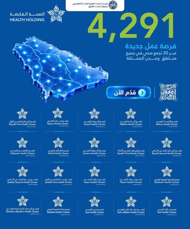 الصحة القابضة تواصل استقطاب الكفاءات بطرح 4,291 وظيفة عبر 20 تجمعًا صحيًا